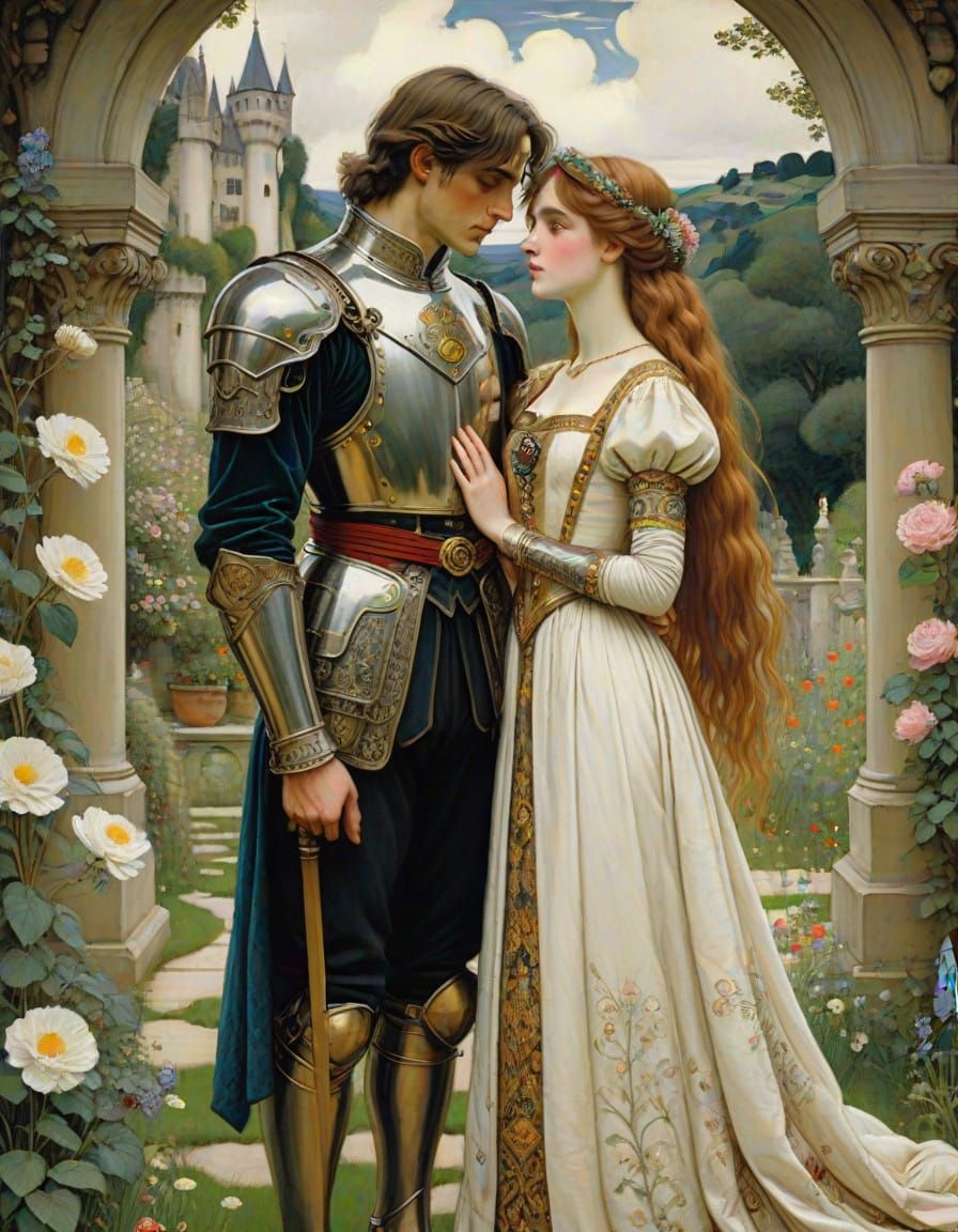 Elegant Royal Couple in Vibrant Castle Garden