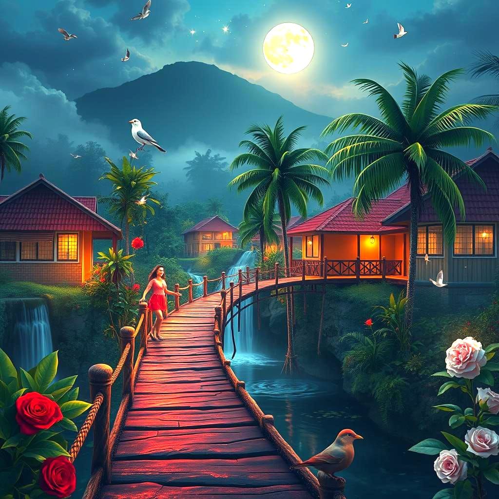 Colorful Village at Night with Love Birds