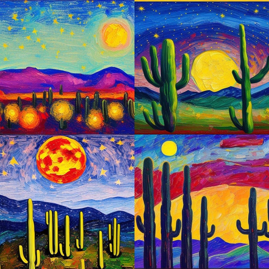 Harvest Moon Over Saguaro Park as Impasto Oil Painting