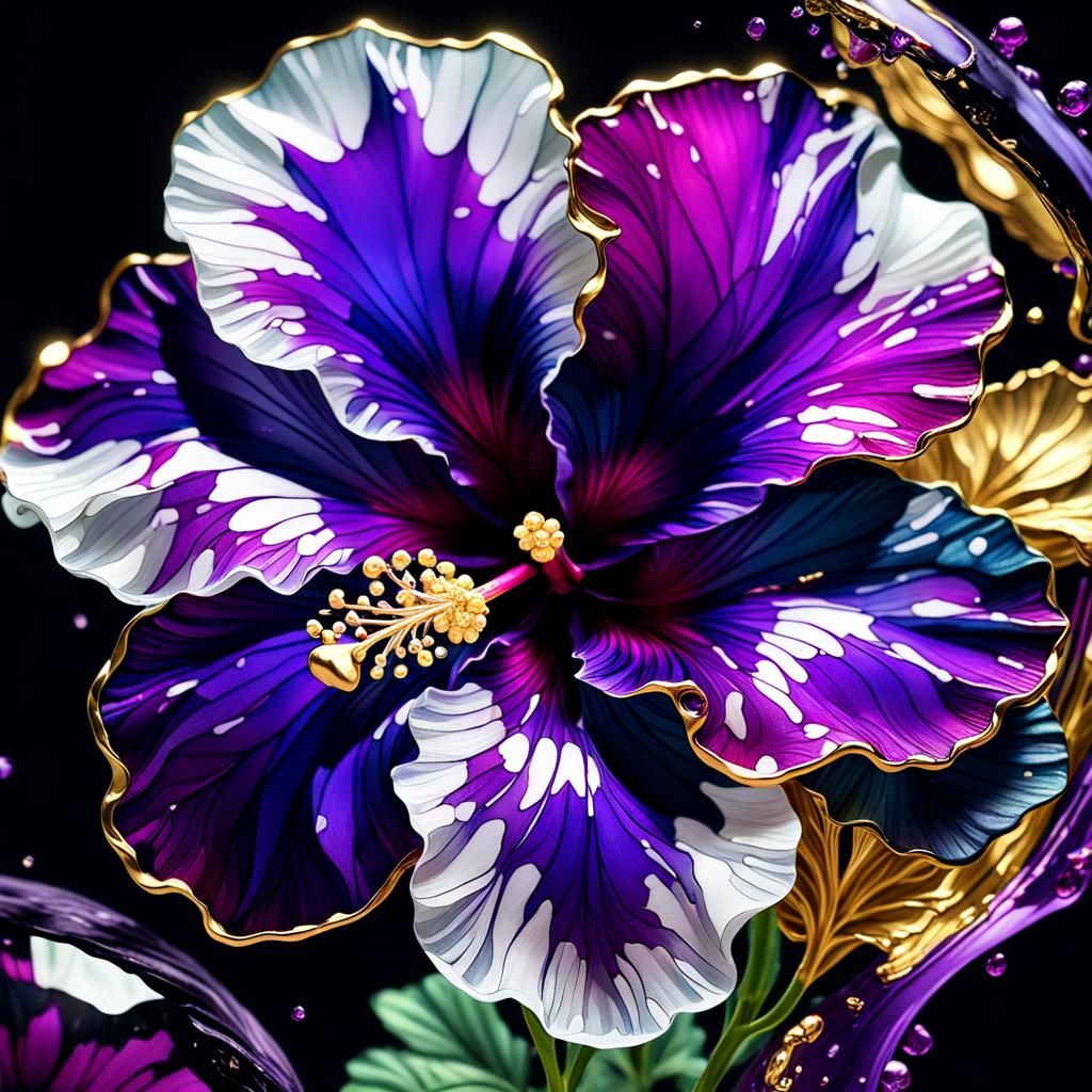 Glass Hibiscus with Gold Foil in Alcohol Ink Style