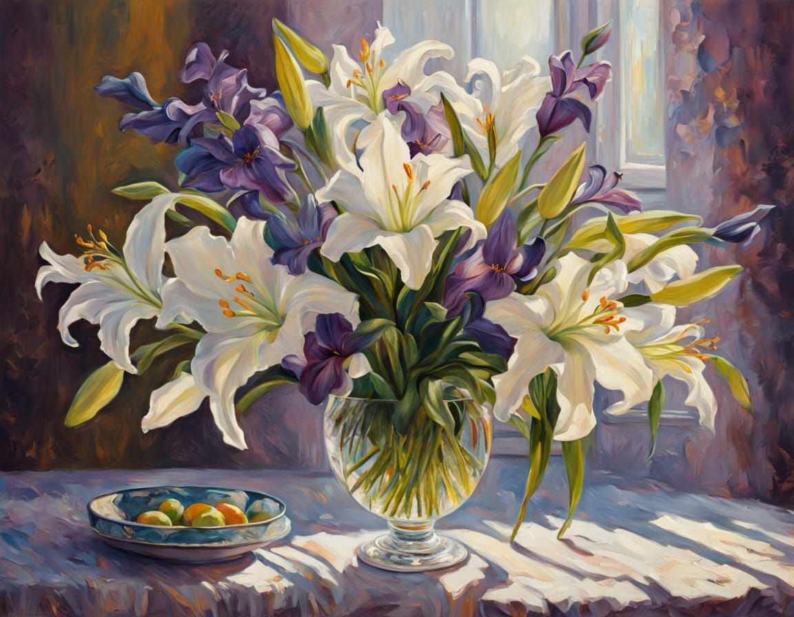 Lilies and Irises in Vase, Monet Style