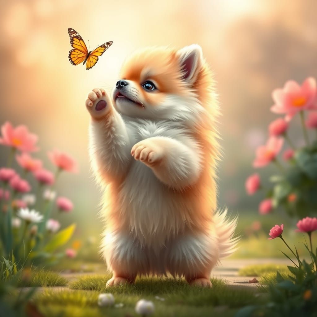 Pomeranian Playing With Butterfly