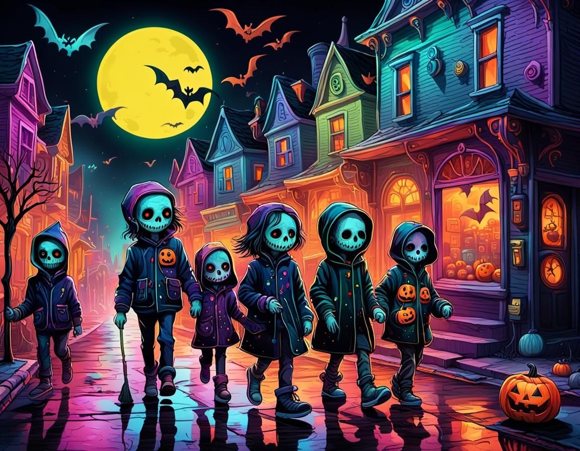 Halloween Night: Trick-or-Treaters in Candy Art Style