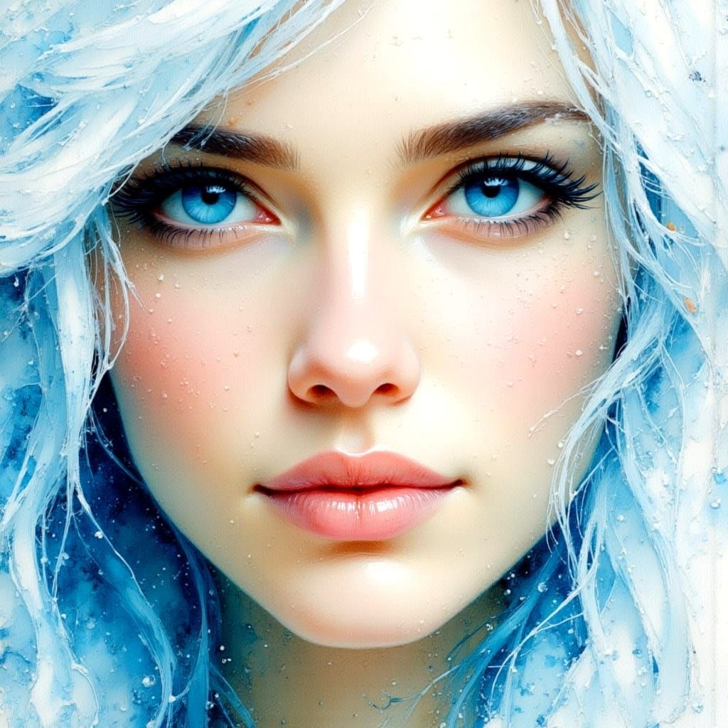 White-Haired Woman with Blue Eyes in Watercolor Style