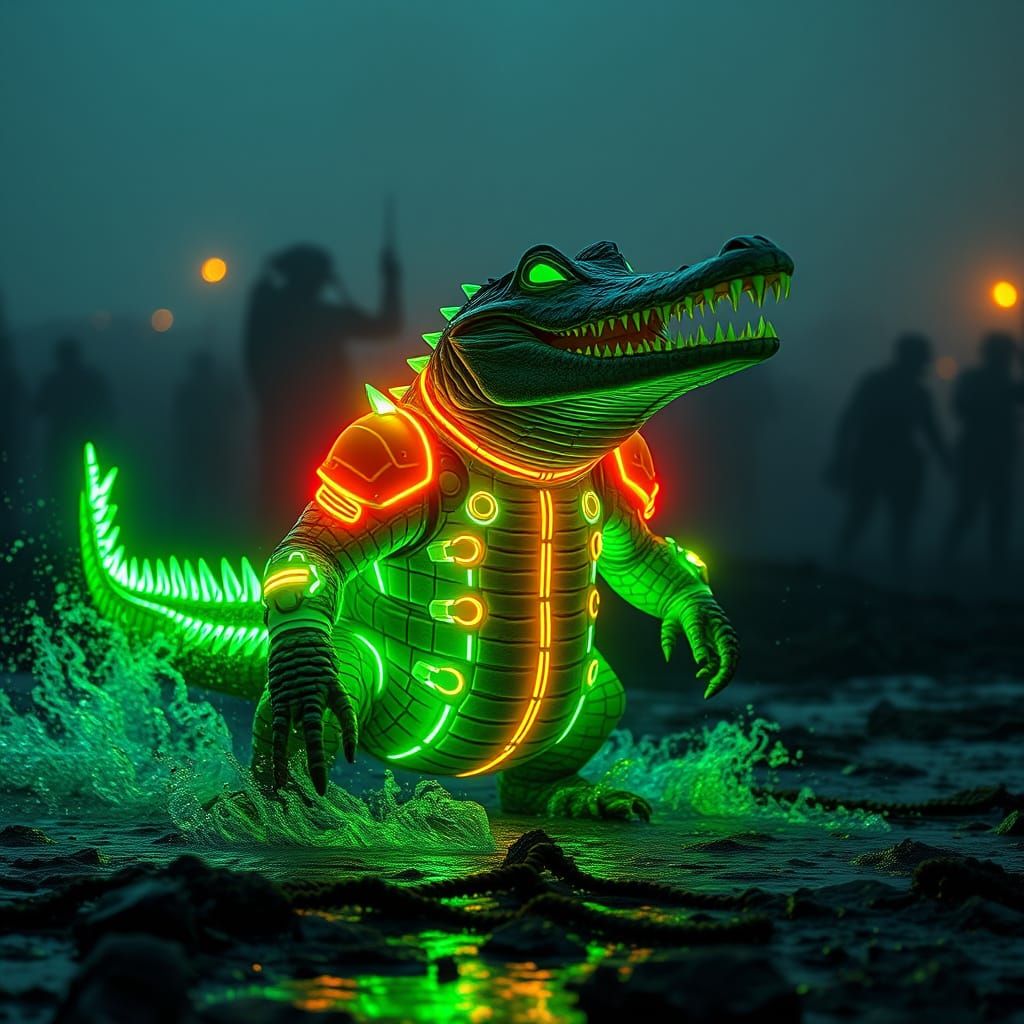 Neon Armored Crocodile on Battlefield: Cinematic Matte Paint...