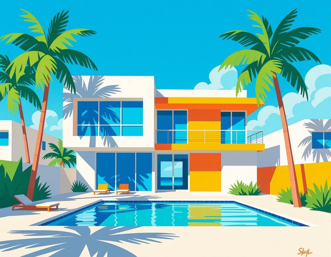 Modern Ocean Pool Building in Digital Art Style