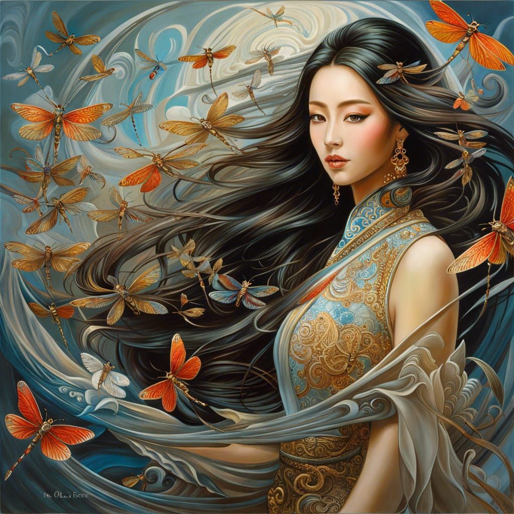 Dragonflies Swirling Around a Beautiful Woman: Surrealist Ar...