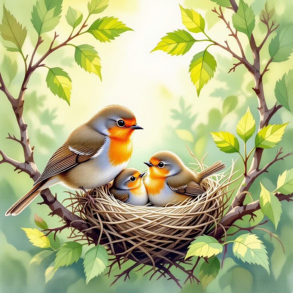 Robin Family in Sunny Forest, Vintage Illustration