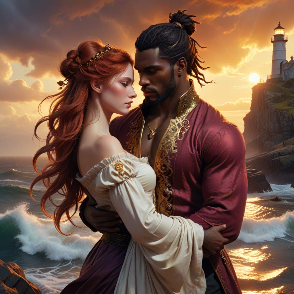 Pirate's Gentle Embrace in a Fantastical Coastal Landscape