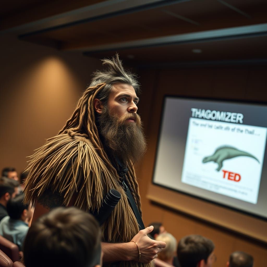 Caveman TED Talk in Modern Lecture Hall