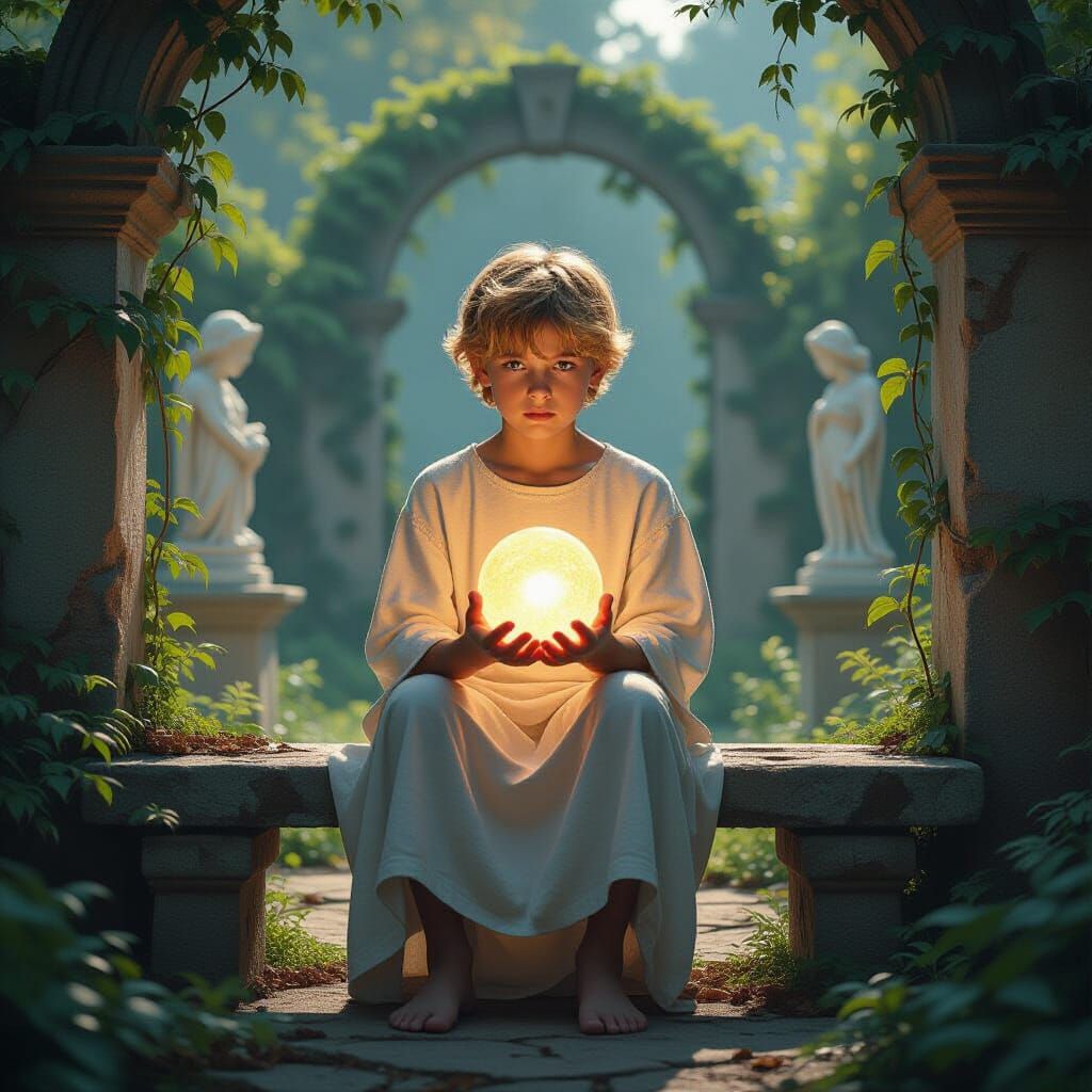 Boy with Glowing Orb in Forgotten Garden, Digital Art