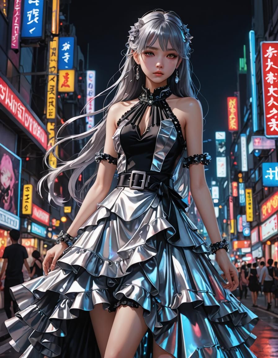 Silver gothic-themed dress. amidst bright neon lights. The dress is a flowing ruffle dress with a gem-encrusted black ha...