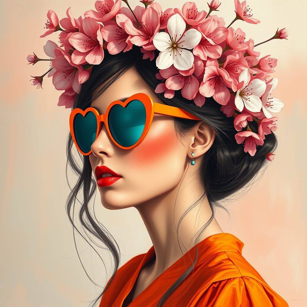 Vibrant Woman Portrait with Floral Crown, Art Nouveau Style