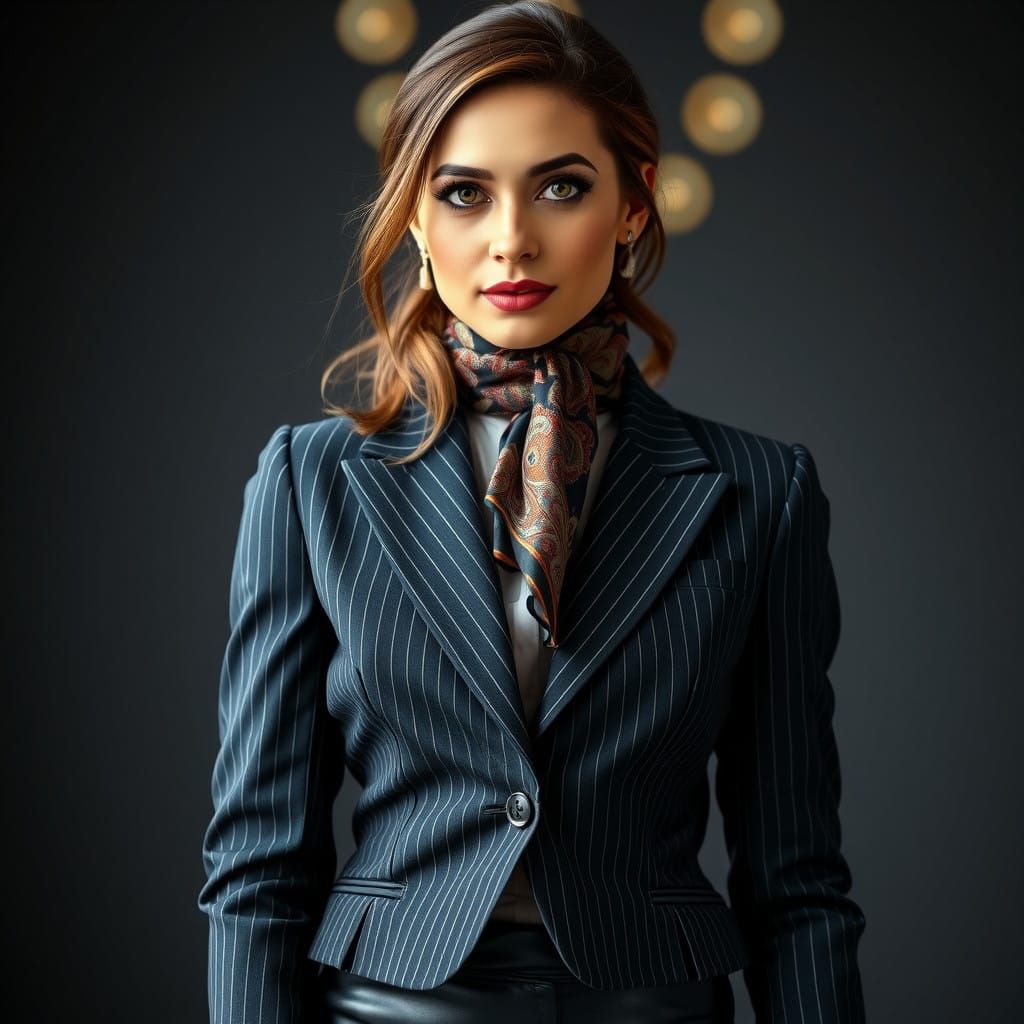 Elegant Iranian Businesswoman in Pinstripe Suit