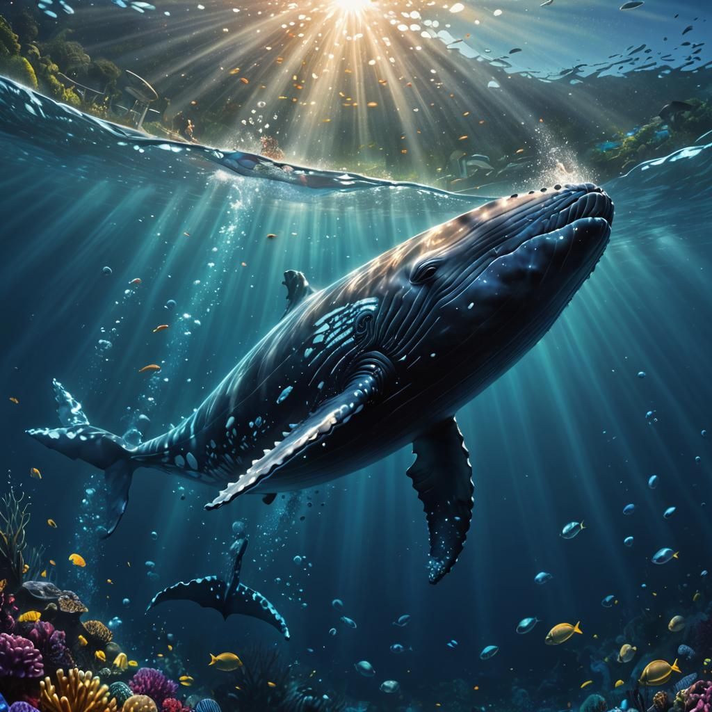 Underwater Whale in Ocean Light: Hyperrealistic Digital Art