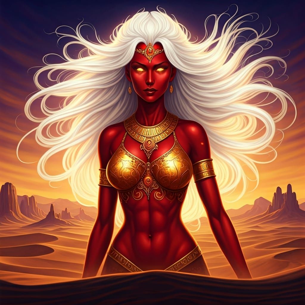 Beautiful Red-Skinned Jinn in Desert Landscape
