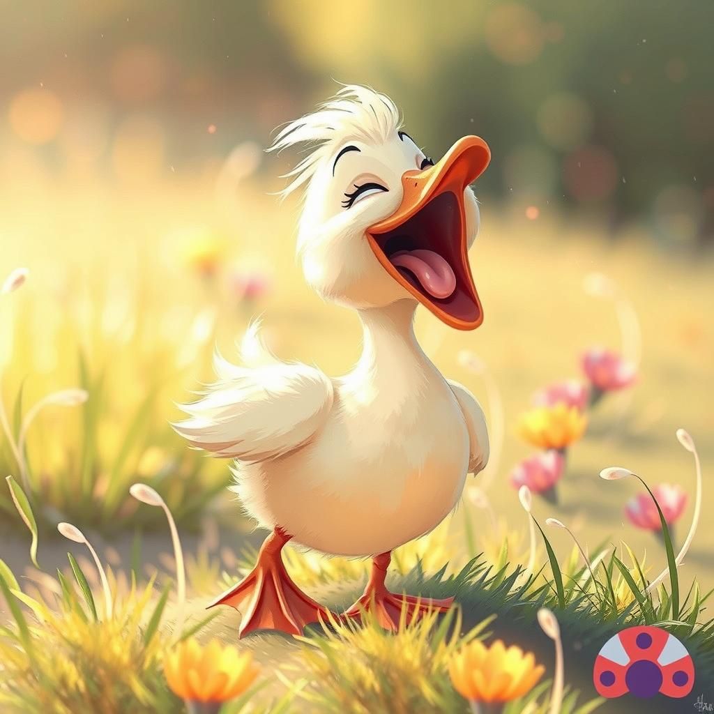 Laughing Duck in Sun-Drenched Meadow: Whimsical Digital Art
