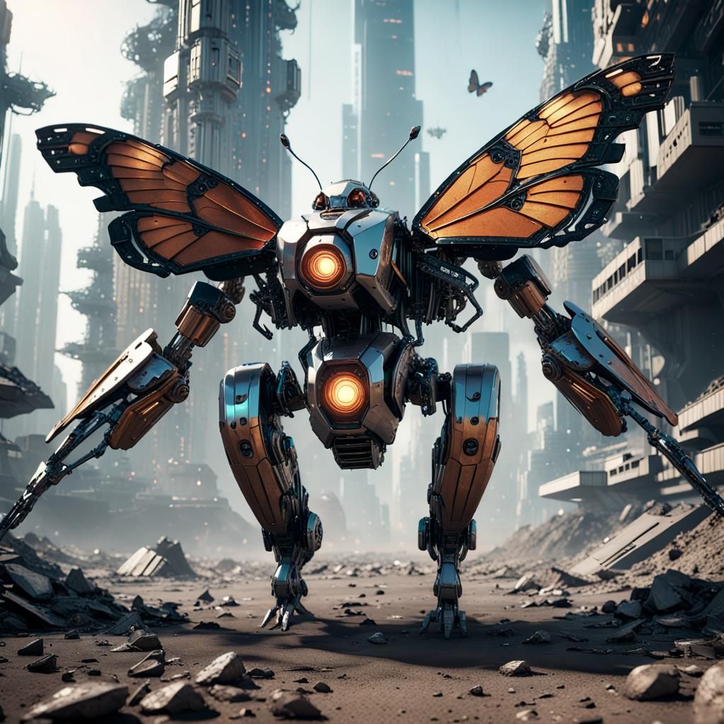 Robot Butterfly Soars Over Cyberpunk City Ruins