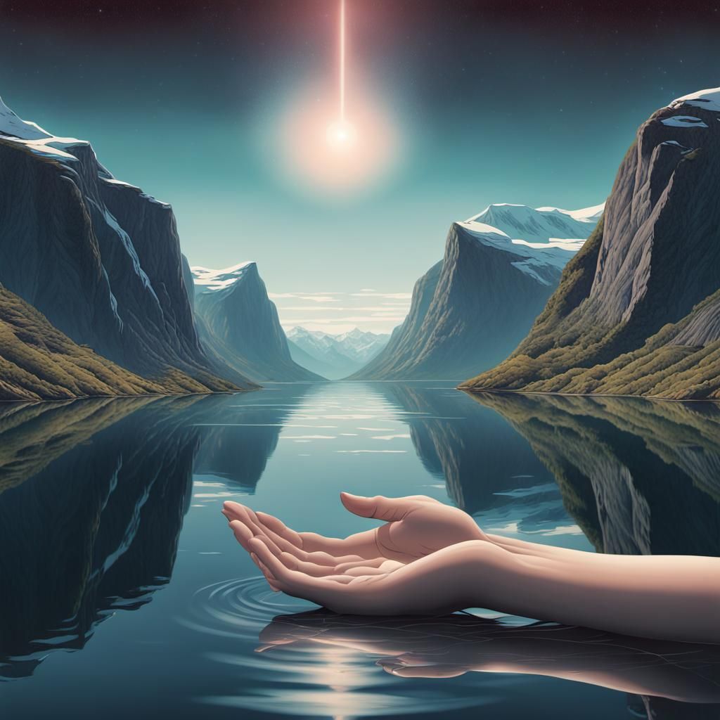 Hand Emerges from Norwegian Fjord by Moebius