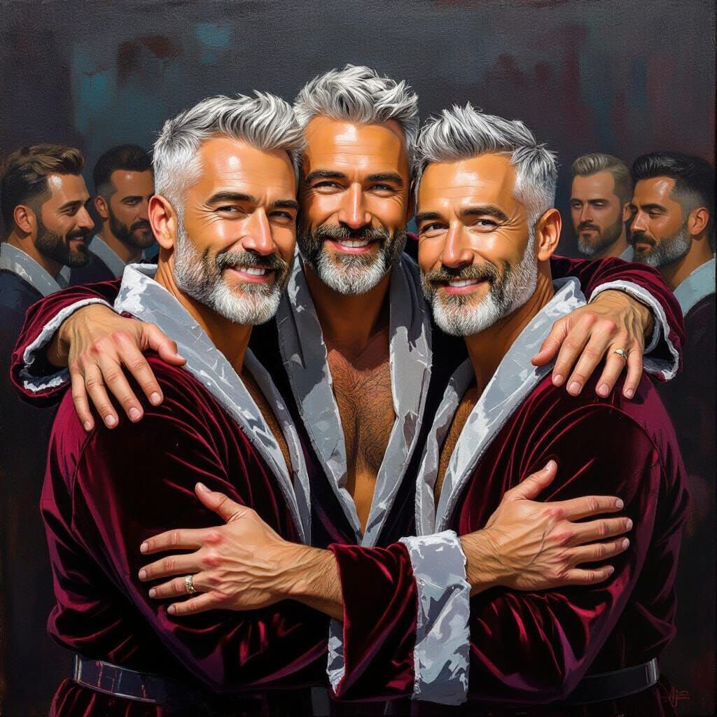 Impressionist Portrait of Men Hugging in Velvet Robes