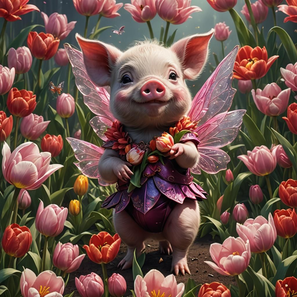 Piglet Fairy in Tulip Garden: Fantasy Art
