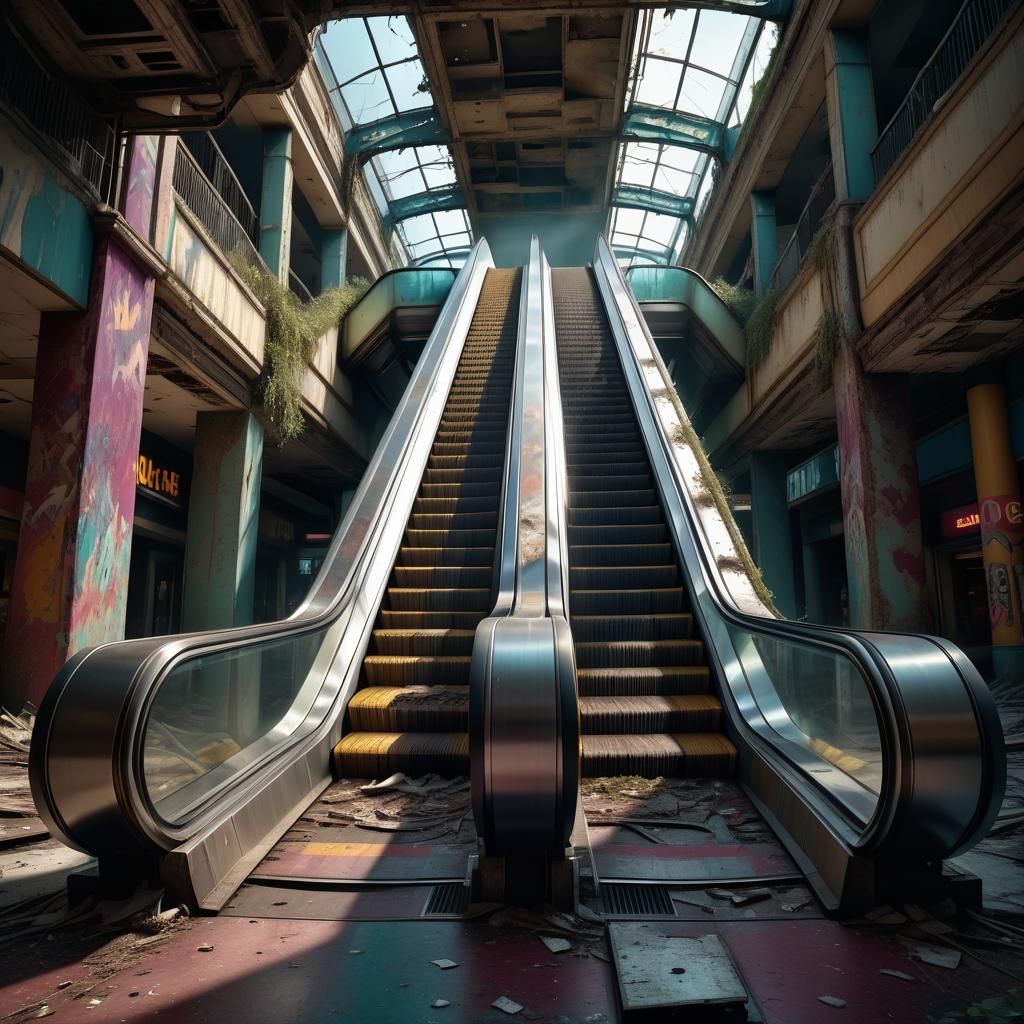 Frightening Escalator in Abandoned Mall: Cinematic Compositi...