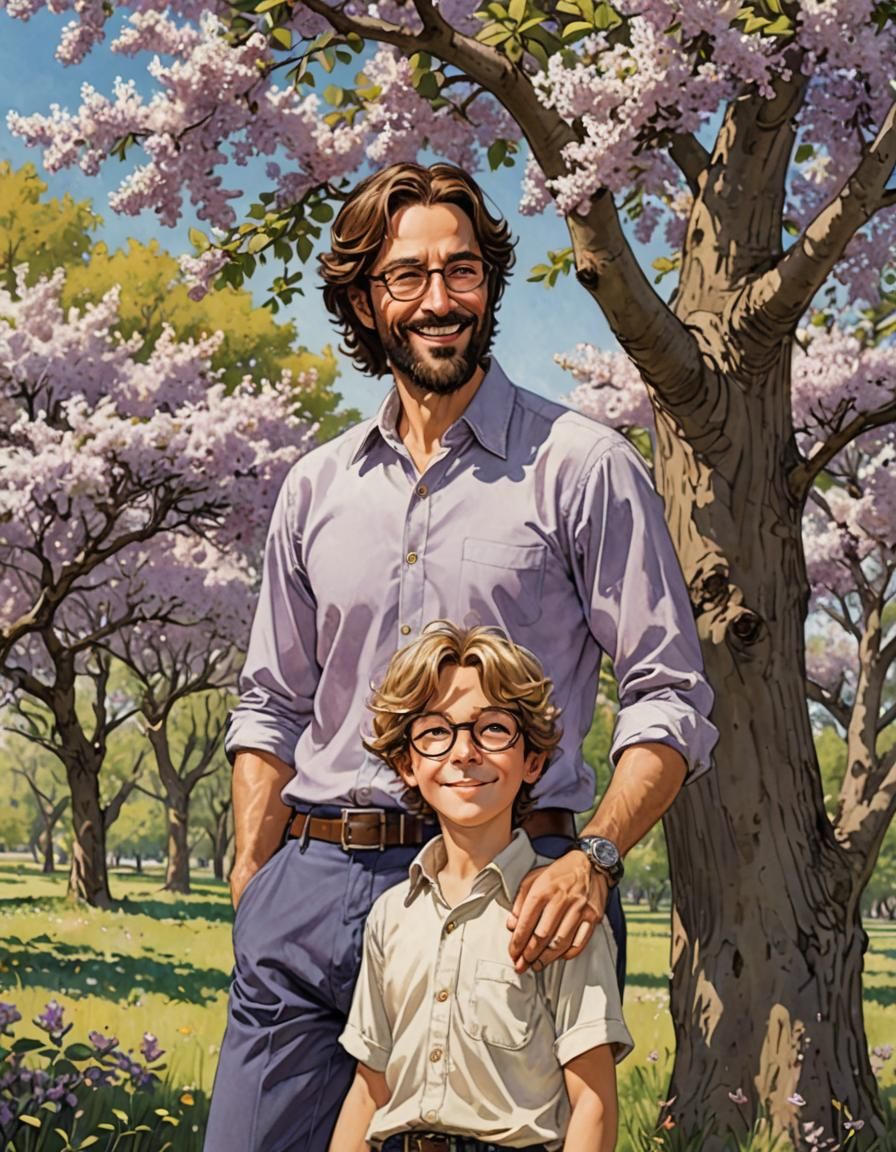 Father and Son Playing Under Lilac Tree