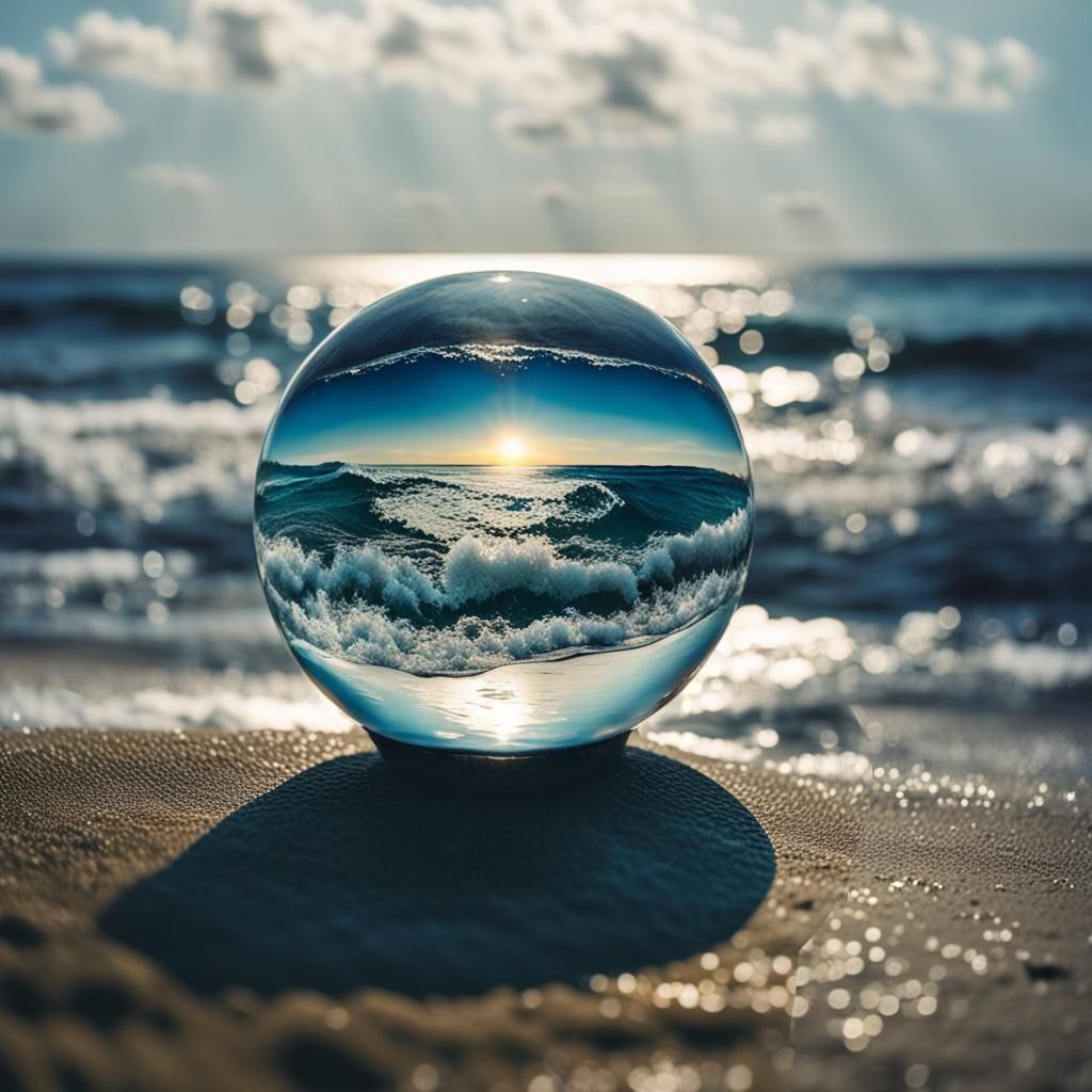 Dew ball   with the view of the sea and the sea waves, and anther beautiful world inside the glass ball, with the light ...