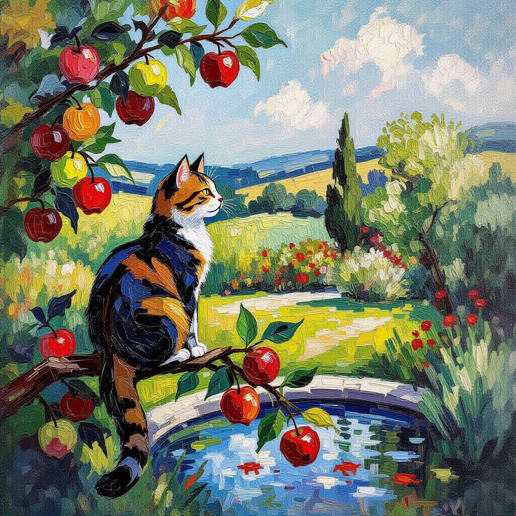 Majestic Cat Overlooking Garden in Impasto Style