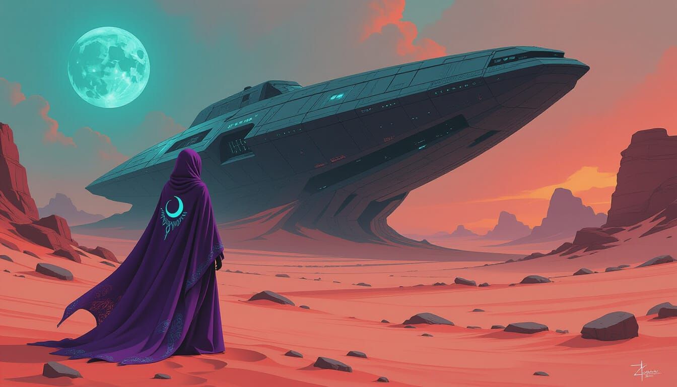 Alien Planet Explorer Gazes at Ancient Spaceship