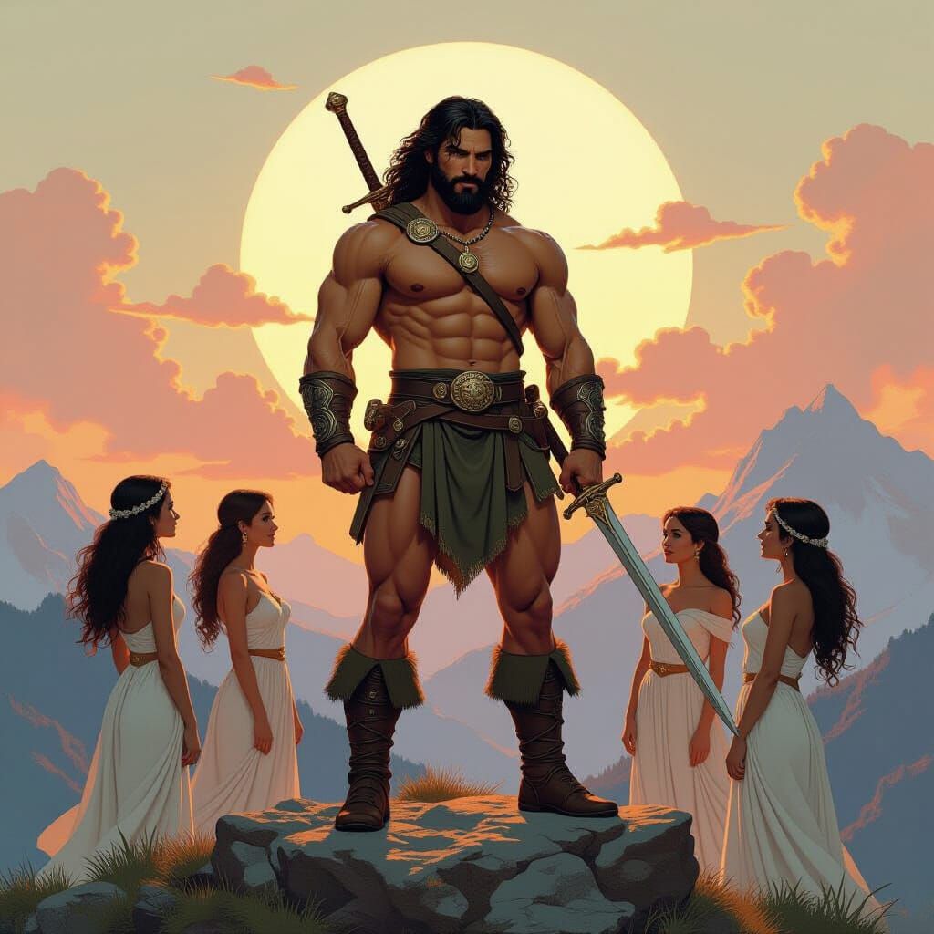 Mountaintop Hero Surrounded by Admirers in Classic Illustrat...