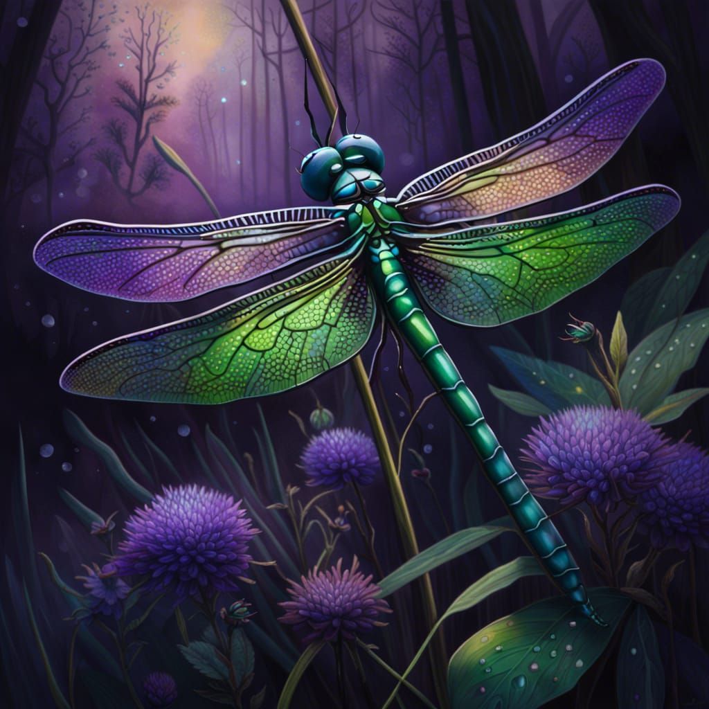 Iridescent Dragonfly in Hyperrealistic Forest Scene