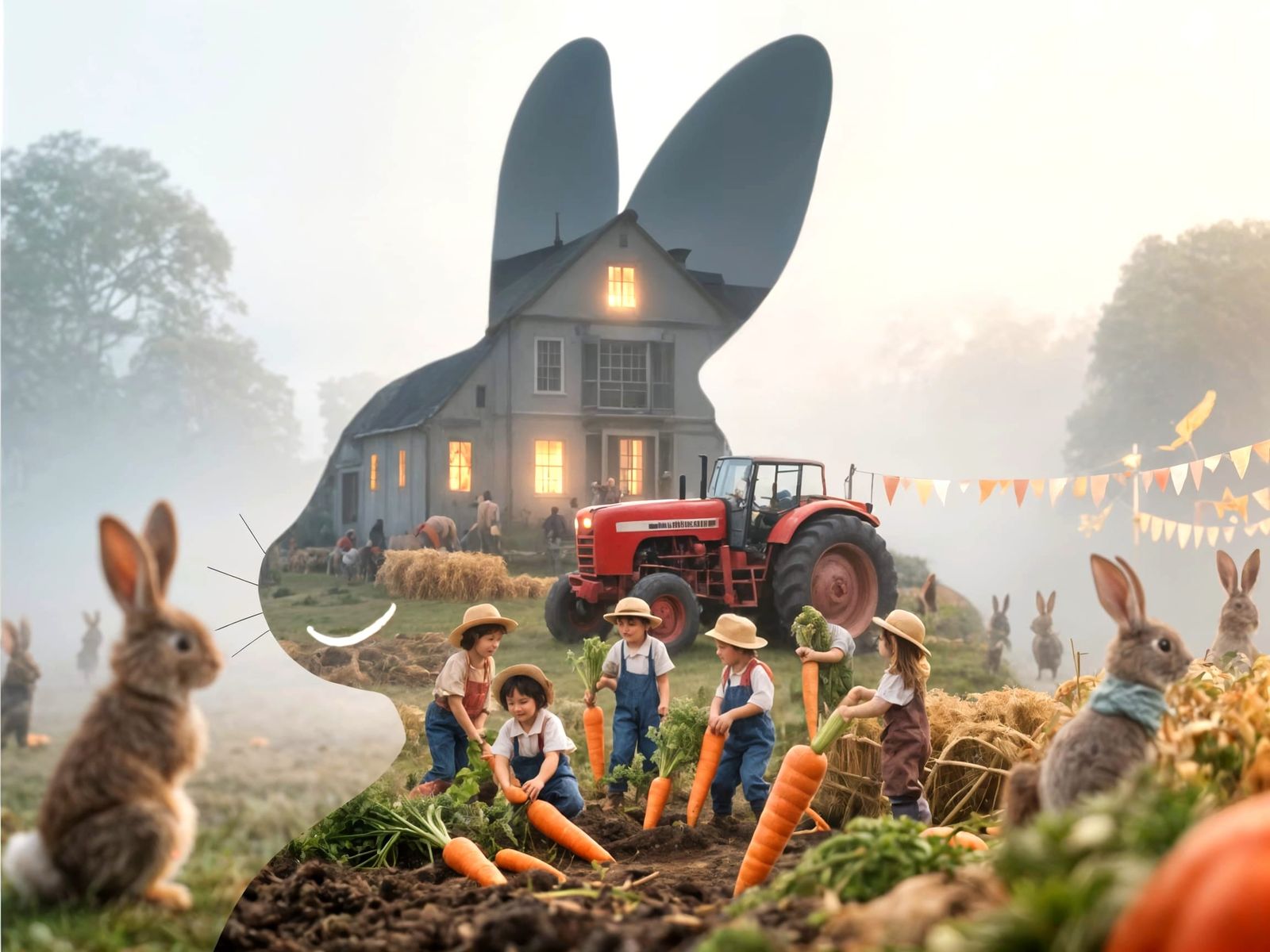 Rabbit Silhouette Filled With Whimsical Harvest Festival Sce...