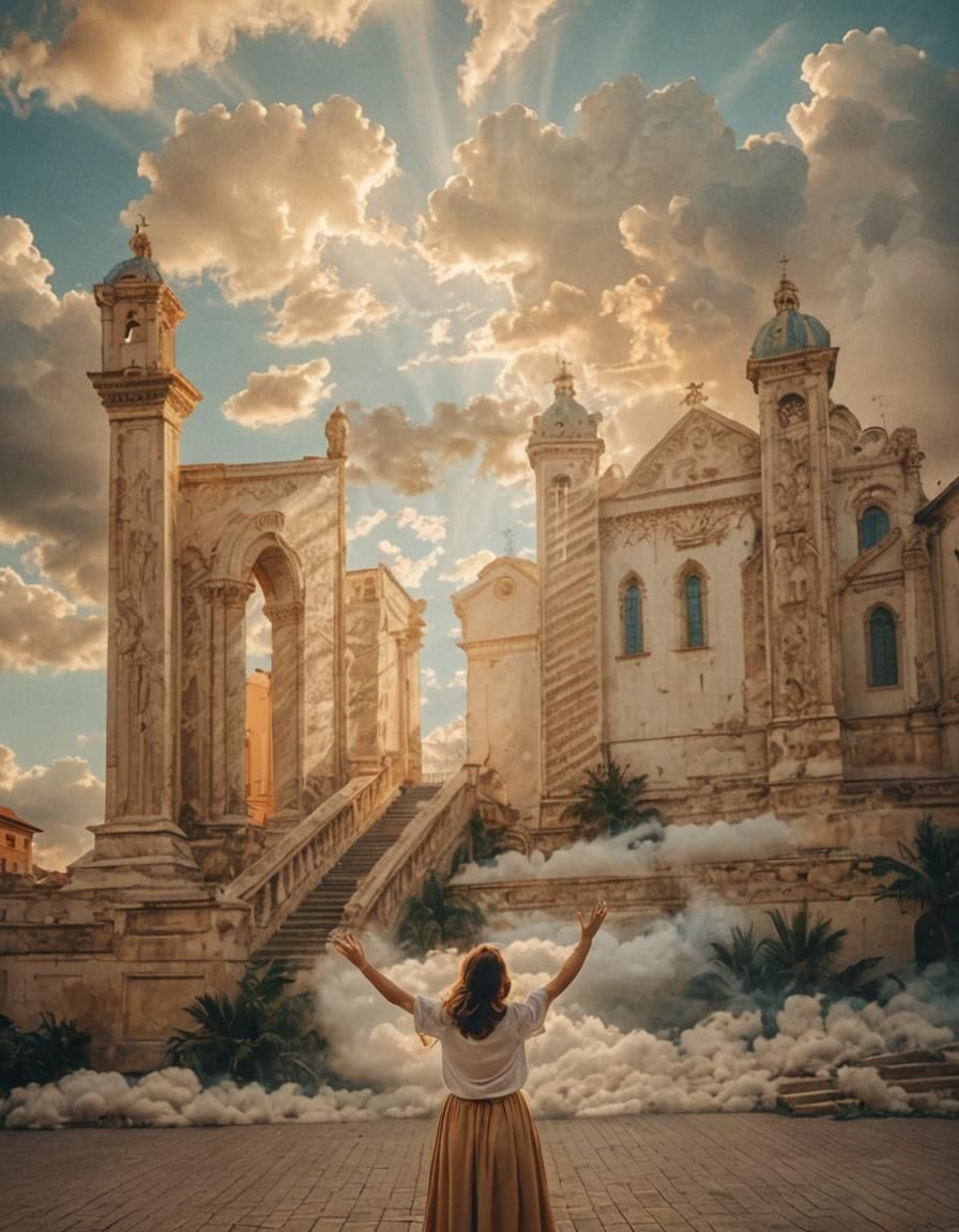 Surreal Cityscape: Woman Reaching for Divine Clouds
