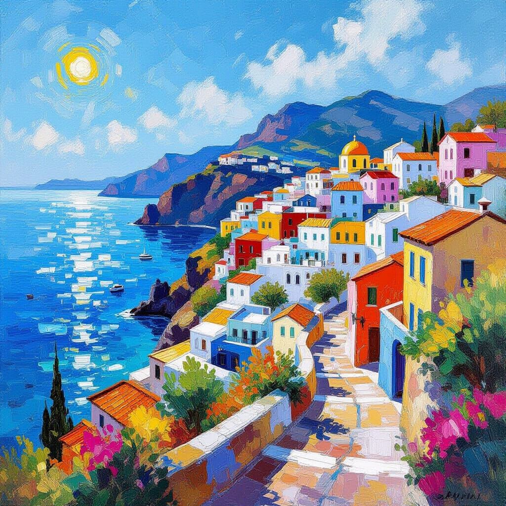 Vibrant Mediterranean Village in Golden Hour Light