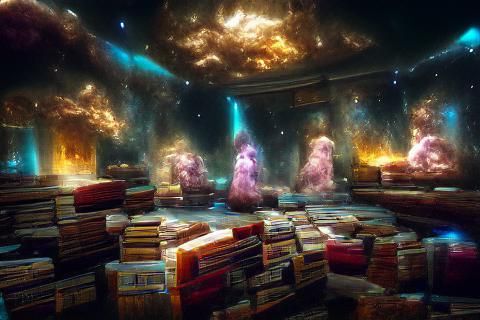 Magical Library Amidst Space Nebulas