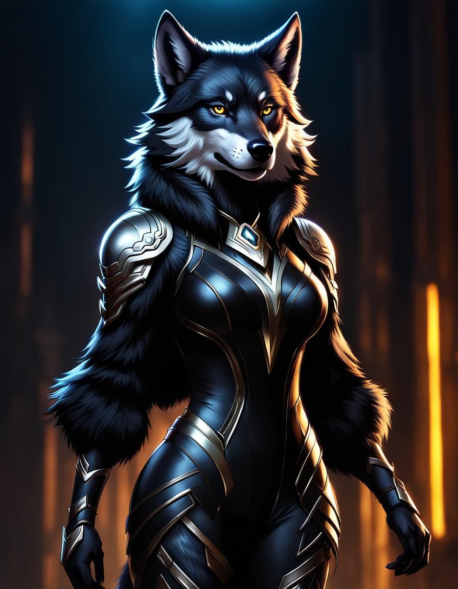 Anime Style Anthropomorphic Black Wolf in Light Garment