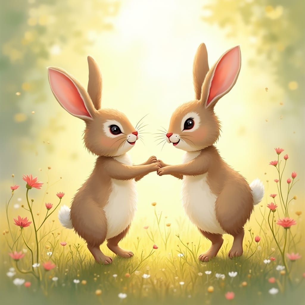 Two Rabbits Dancing in a Sunlit Meadow