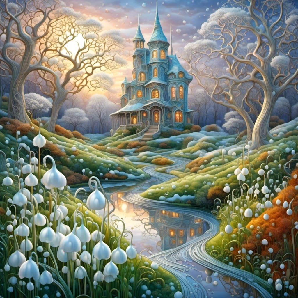 Whimsical Snowdrop Garden in Hyperrealist Painting