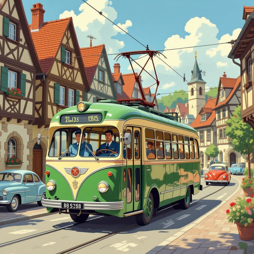 1950s Trolley Bus in Rockwell and Miyazaki Style