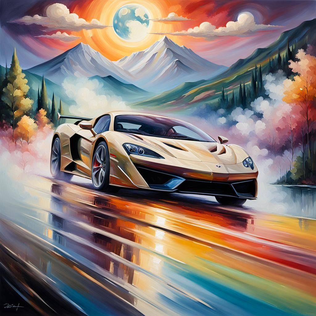 Supercar by Italian Lake in Oil Painting Style