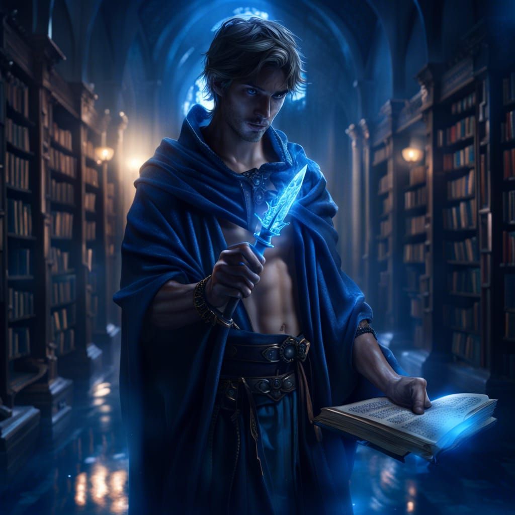 Youthful Water Mage in Library at Night