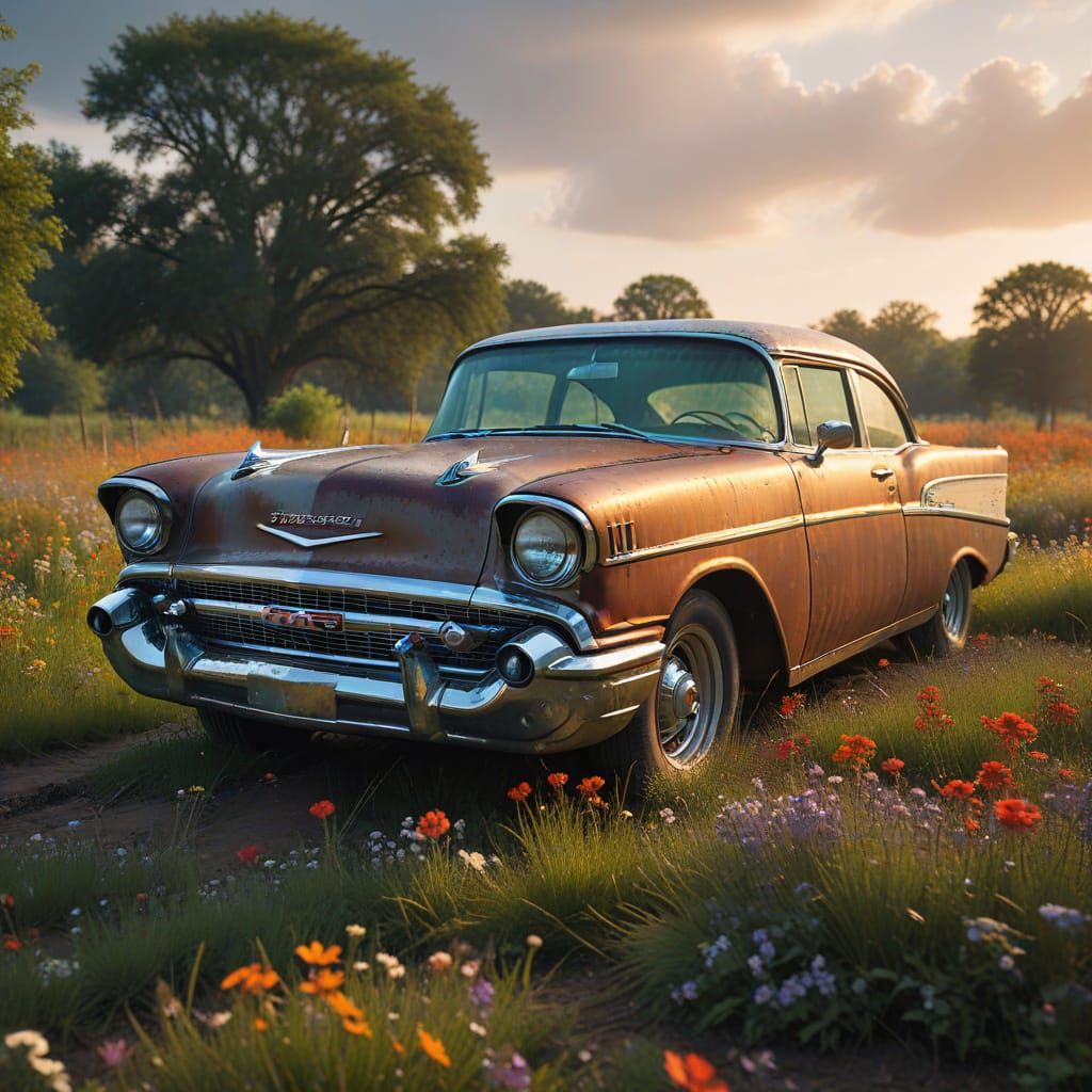 Rusted 1957 Chevy Bel Air in Vibrant Wildflower Field