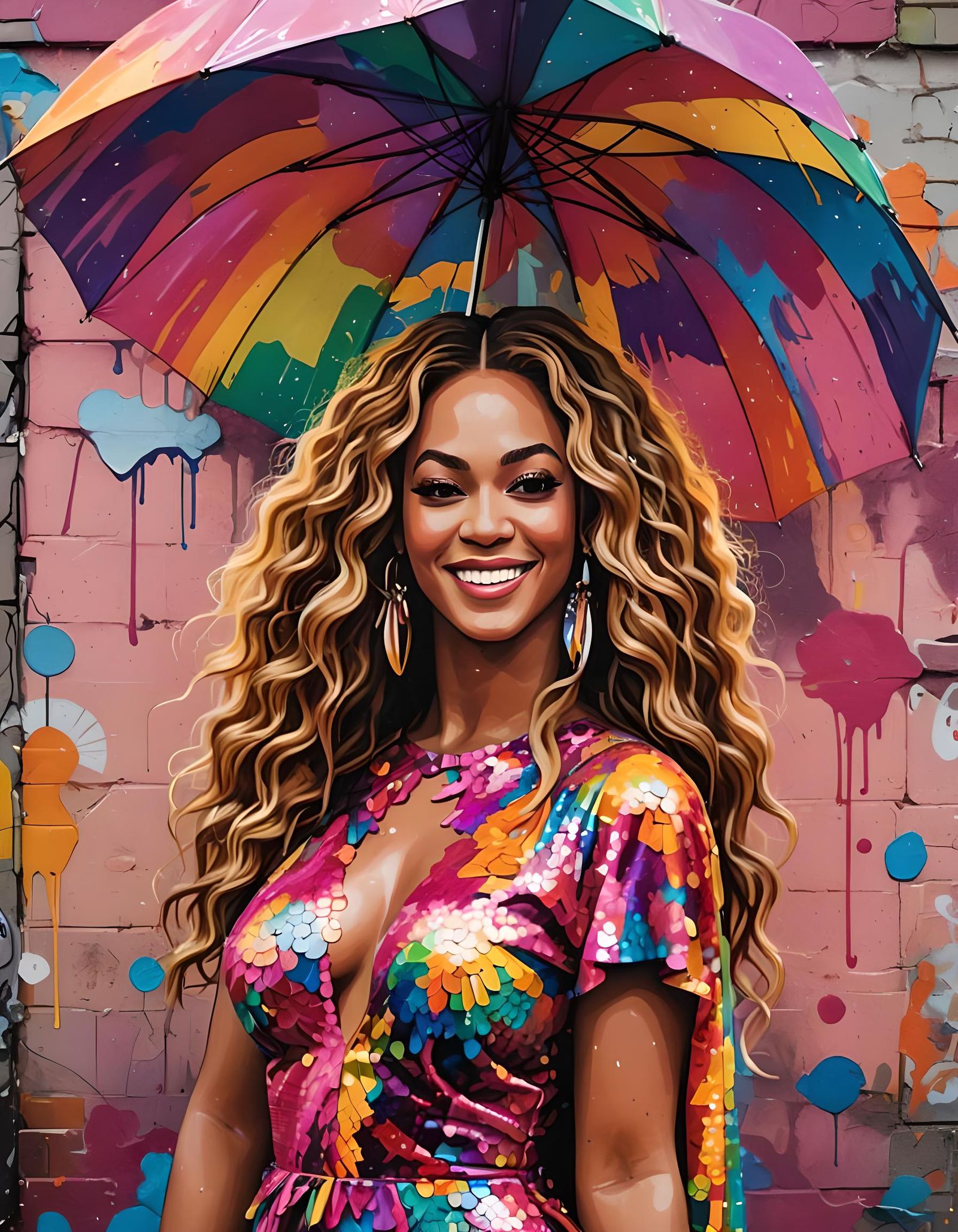 Beyoncé Posing with Rainbow Umbrella in Graffiti Art