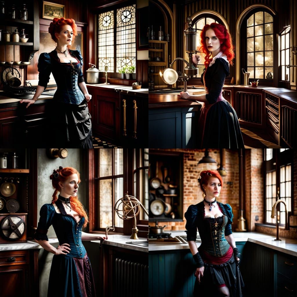 Ethereal Steampunk: Redhead in Victorian Gothic Kitchen