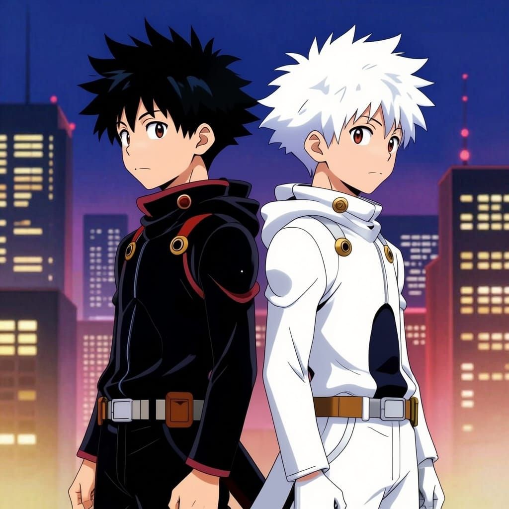 Twin Anime Heroes Stand Back to Back City Skyline