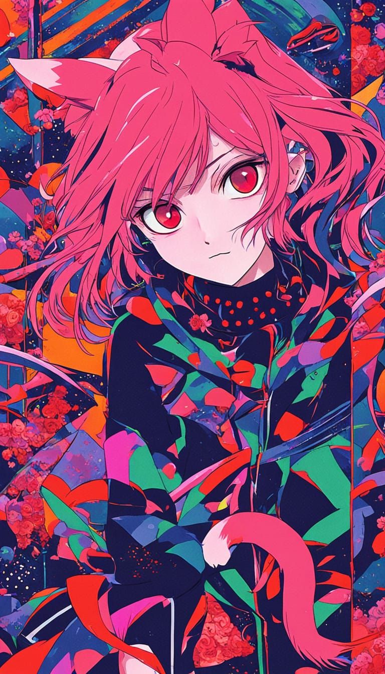 Anime Girl with Red Eyes and Pink Hair Adorns Elegant, Poise...