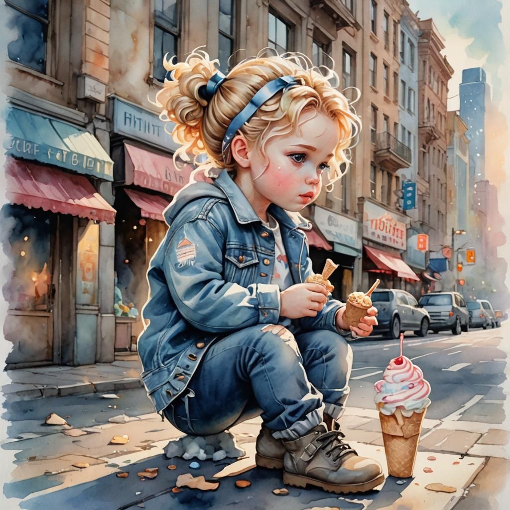 Toddler with Ice Cream in Fantasy Watercolor Style