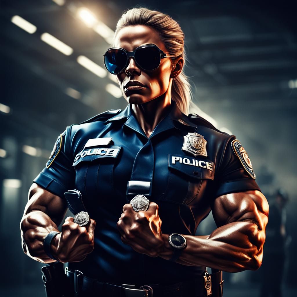 Muscular Woman Bodybuilder in Police Uniform: Digital Art