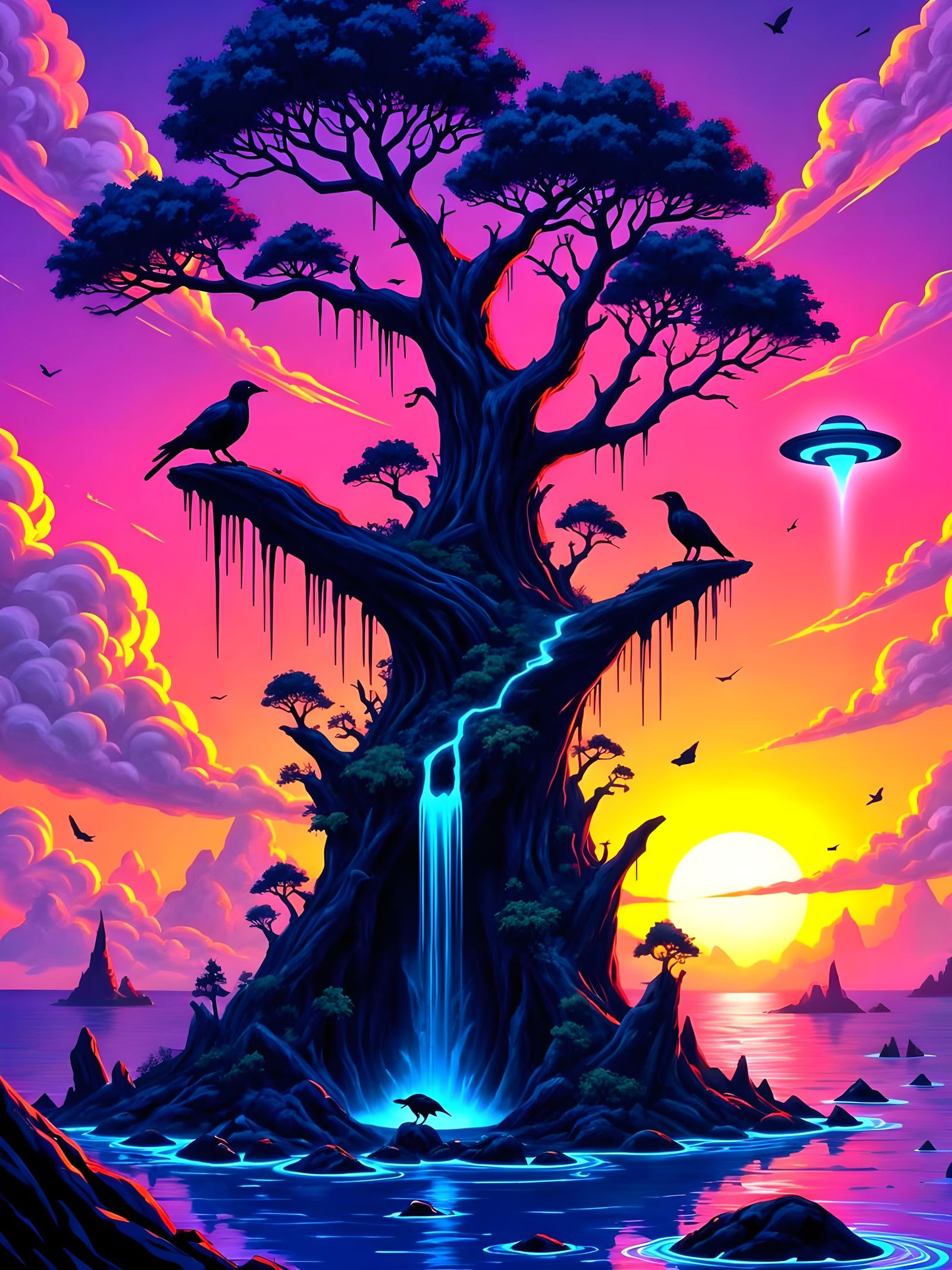 Surreal Floating Lands with Ravens and UFOs